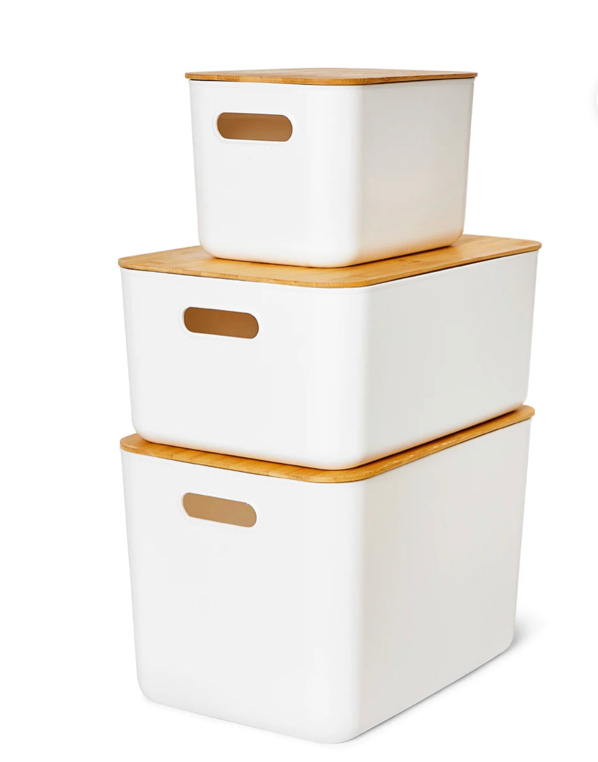 White Storage Bin with Bamboo Lid